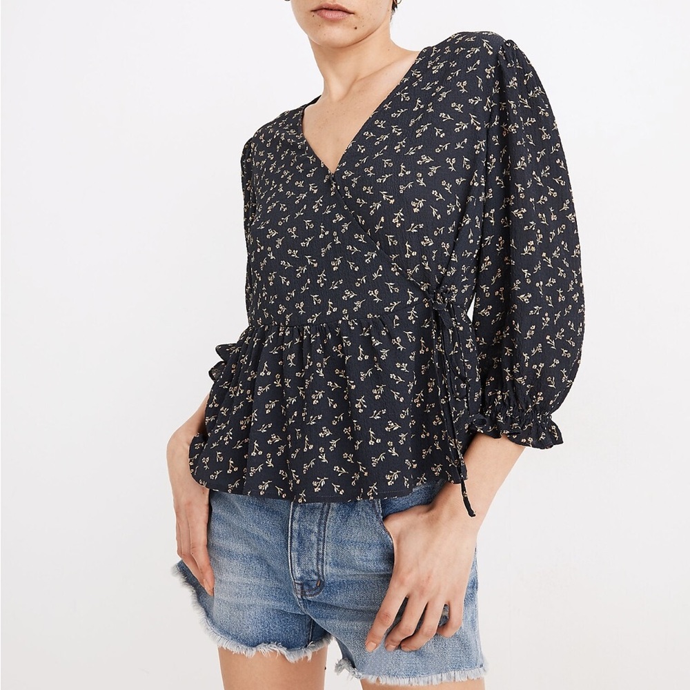 Madewell Puff-Sleeve Peplum Wrap Top in Spring Fling